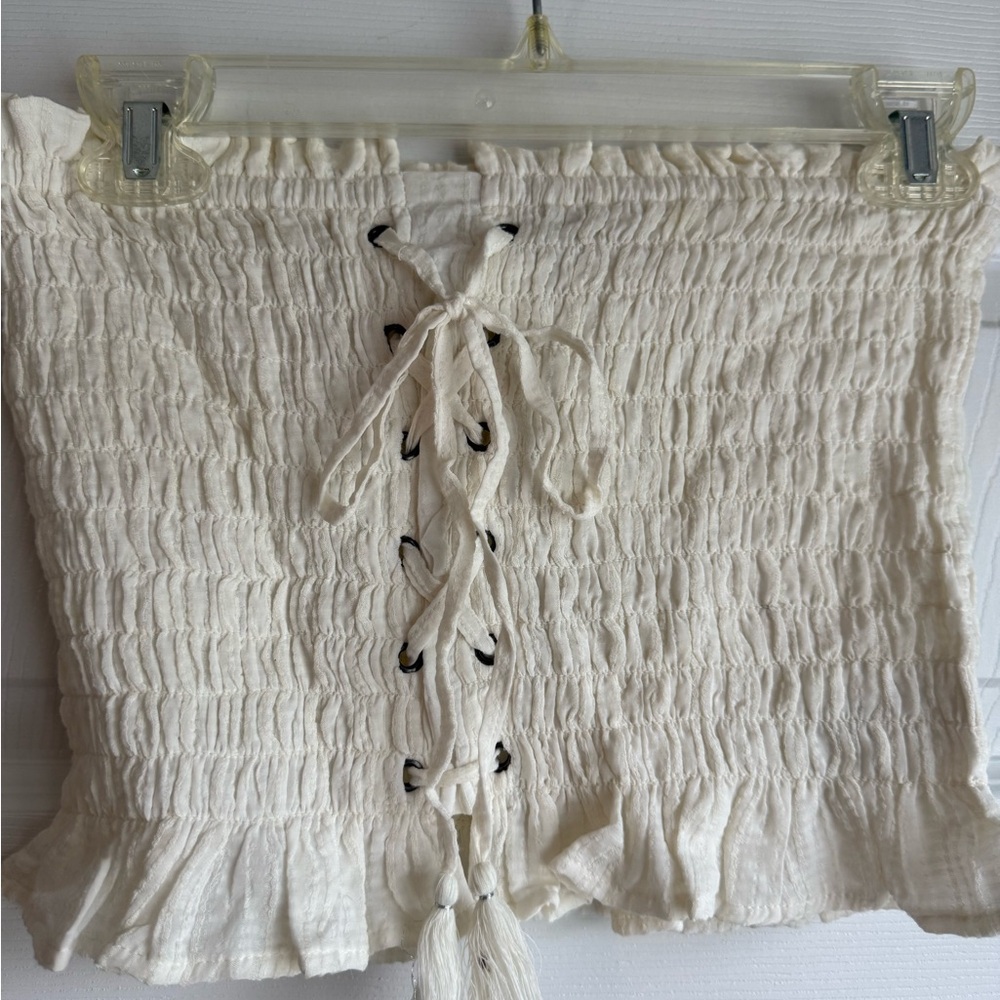 American Eagle Outfitters Cream Smocked Lace-Up Crop Top